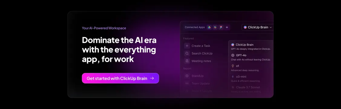 ClickUp Brain workspace CTA banner, dark-mode, gradient-heavy, dark