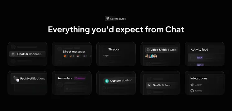 ClickUp Chat core features grid, dark-mode, minimal, dark