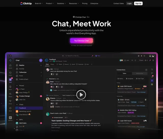 ClickUp Chat meet work hero, dark-mode, minimal, dark