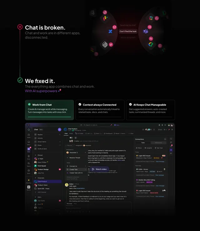 ClickUp chat and work integration story, dark-mode, minimal, dark
