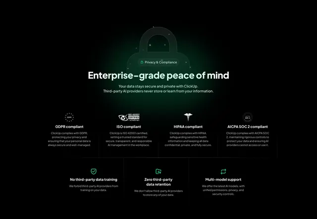 ClickUp enterprise privacy compliance grid, dark-mode, minimal, dark