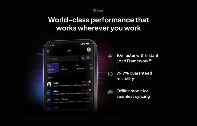 ClickUp mobile chat performance feature, dark-mode, minimal, dark