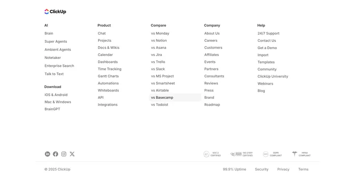 ClickUp comprehensive site footer, minimal, light-mode, light