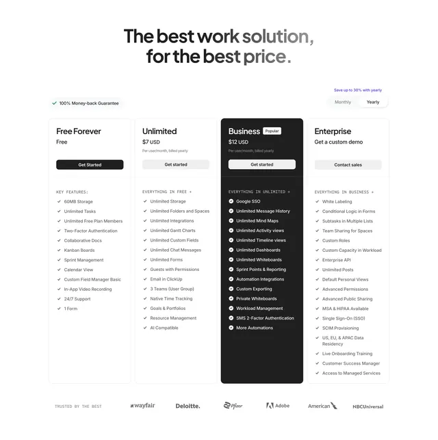 ClickUp four-tier pricing table, minimal, light-mode, light