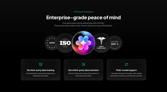 ClickUp privacy compliance arc badges, dark-mode, minimal, dark