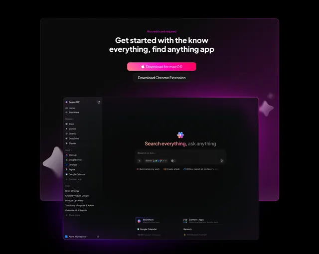 ClickUp Brain download CTA with app preview, dark-mode, gradient-heavy, dark