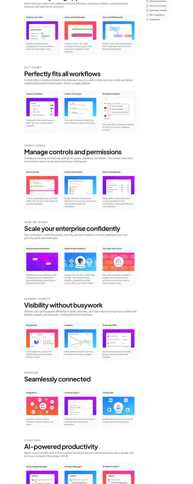 ClickUp long-form product pillars page, minimal, light-mode, light