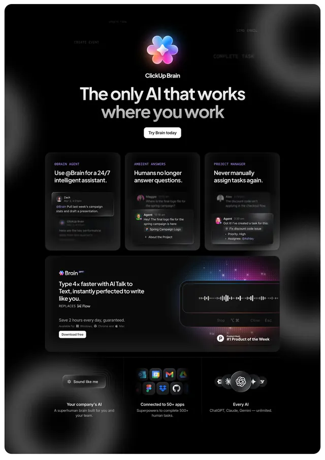 ClickUp Brain multi-feature dark hero, dark-mode, gradient-heavy, dark