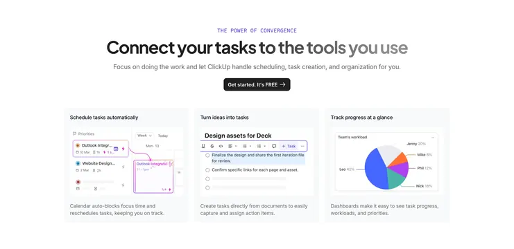 ClickUp convergence task integration trio, minimal, light-mode, light