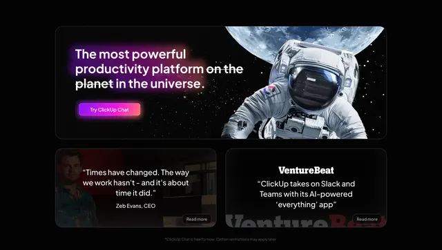 ClickUp productivity hero with astronaut cards, dark-mode, gradient-heavy, dark