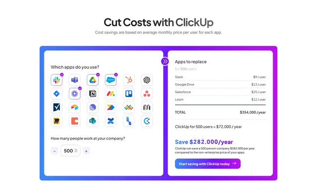 ClickUp interactive cost savings calculator, light-mode, gradient-heavy, light