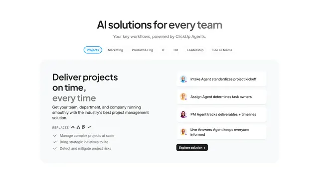 ClickUp team AI tabbed feature panel, light-mode, minimal, light