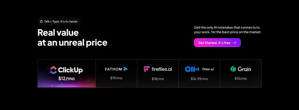 ClickUp AI notetaker price comparison, dark-mode, gradient-heavy, dark