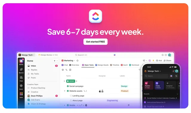 ClickUp gradient CTA with product UI, gradient-heavy, light-mode, gradient