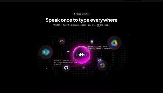 ClickUp Talk to Text feature hero, dark-mode, gradient-heavy, dark