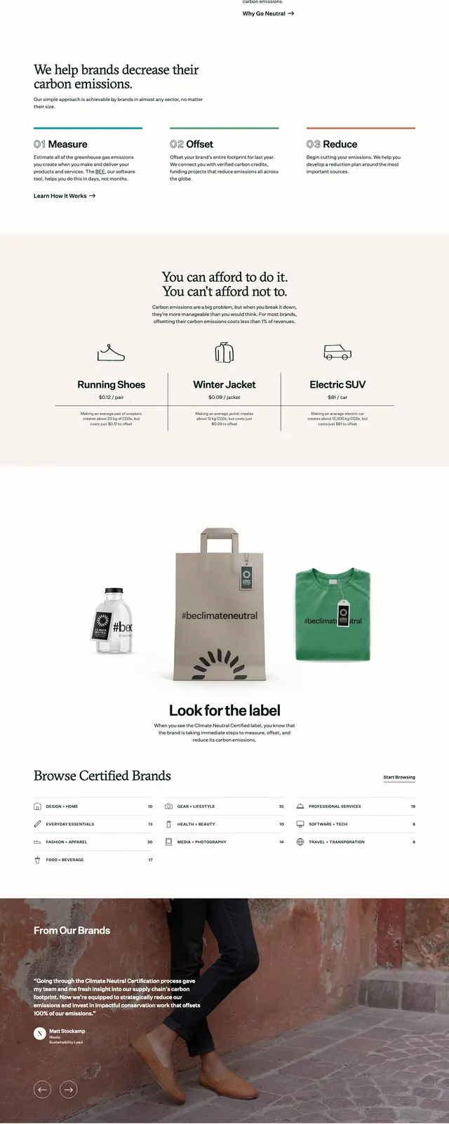 Climate Neutral landing page, minimal, editorial, light