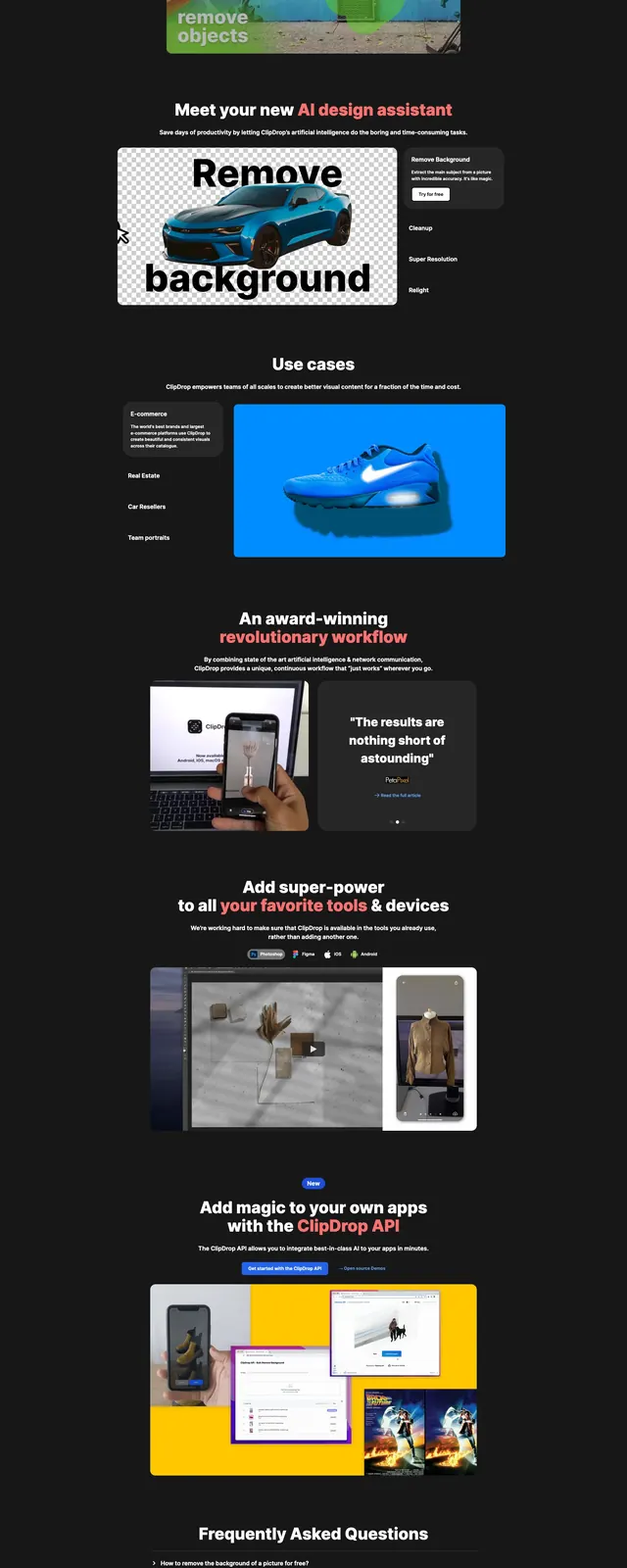 Clipdrop AI Landing Page, dark-mode, editorial, dark