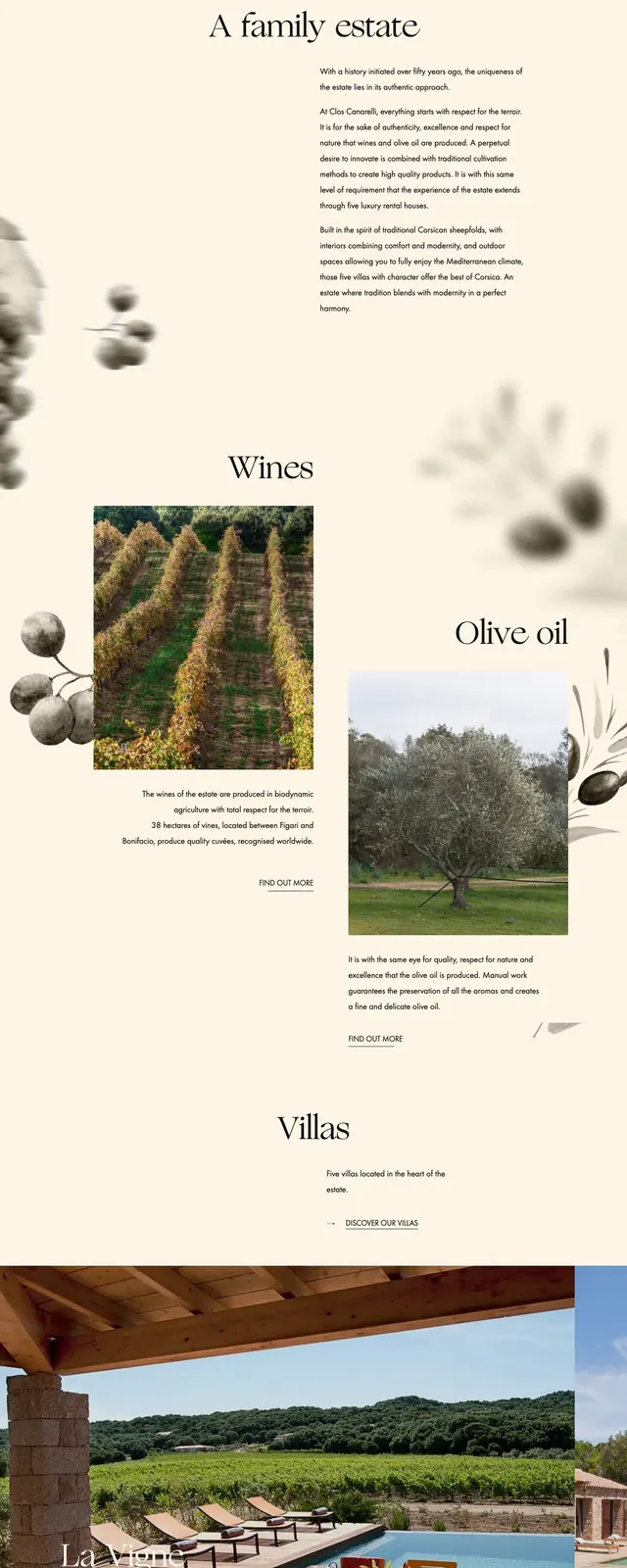 Clos Canarelli estate landing page, luxury, editorial, light