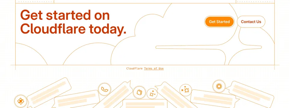 Cloudflare Agents blueprint CTA footer with cloud line art, light-mode, technical, light