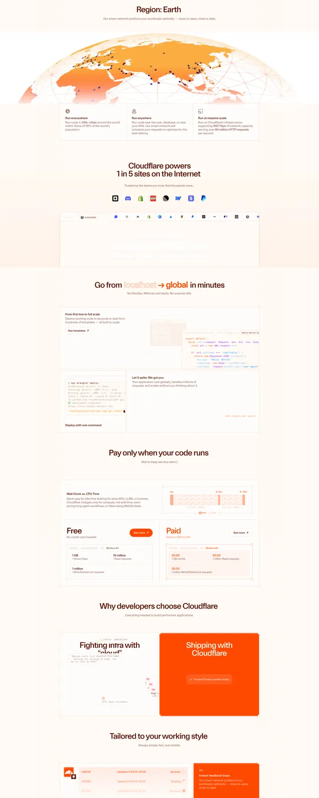 Cloudflare Workers Landing Page, technical, corporate-clean, warm