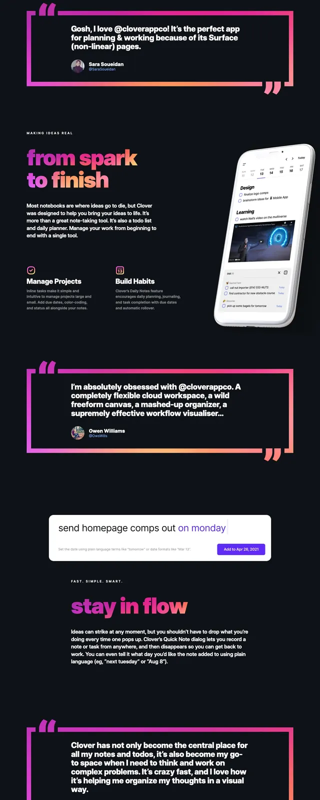 Dark gradient productivity hero, dark-mode, gradient-heavy, dark