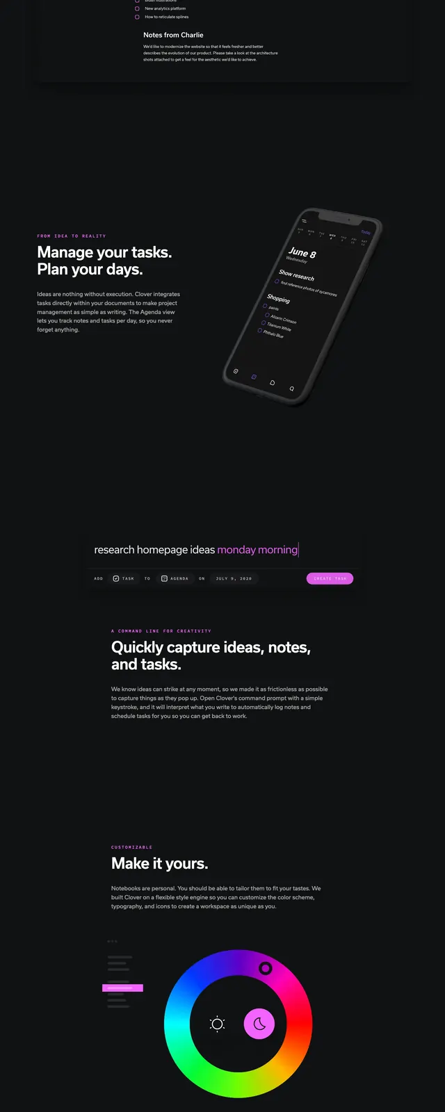 Cloverapp dark hero, dark-mode, editorial, dark