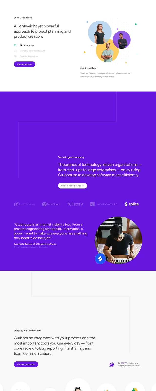 Clubhouse SaaS landing page, minimal, corporate-clean, light