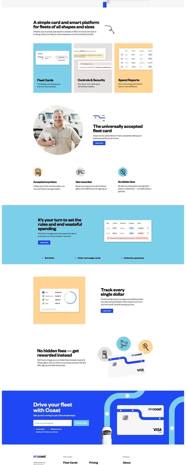Coast fleet payments landing page, corporate-clean, minimal, light