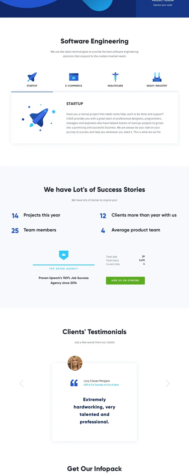 Blue agency hero with stats, gradient-heavy, corporate-clean, dark