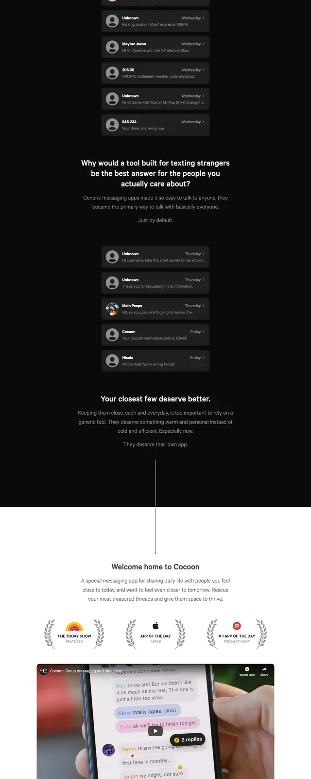 Cocoon Dark Messaging Hero, dark-mode, minimal, dark