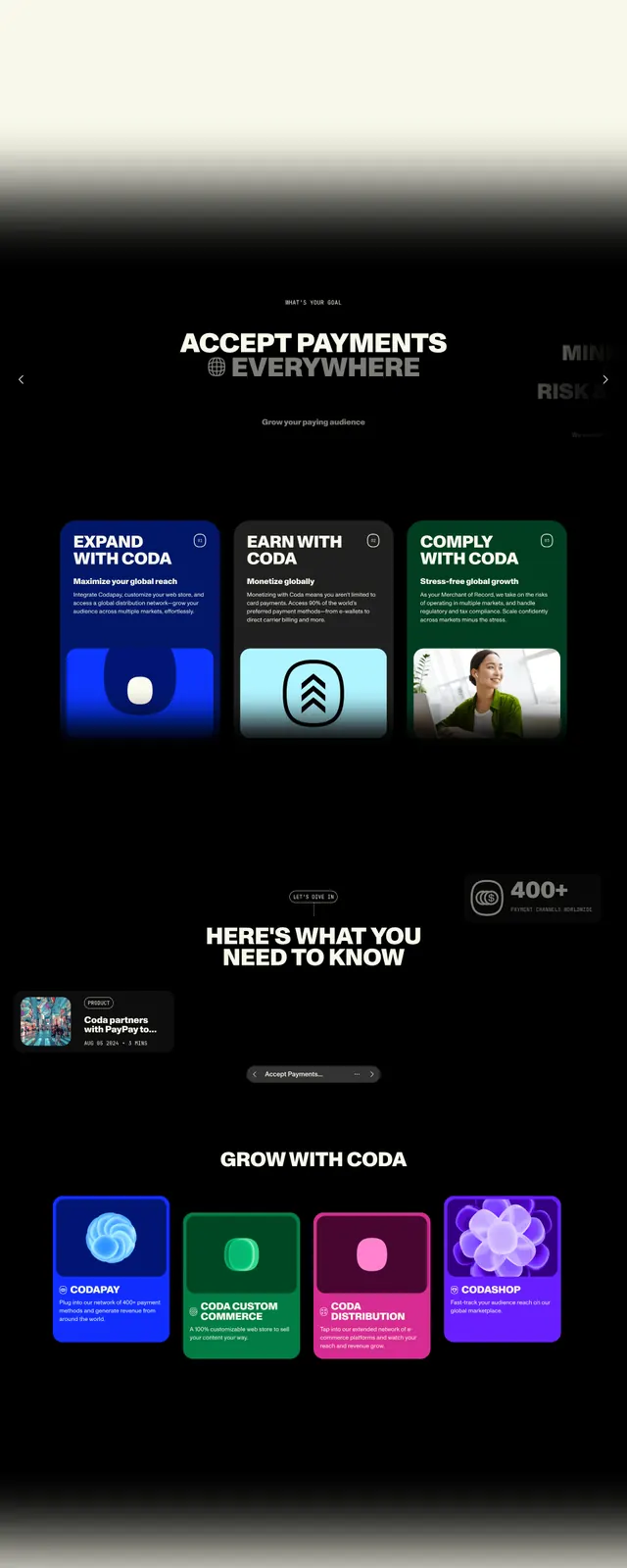 Coda Co homepage hero, dark-mode, editorial, dark