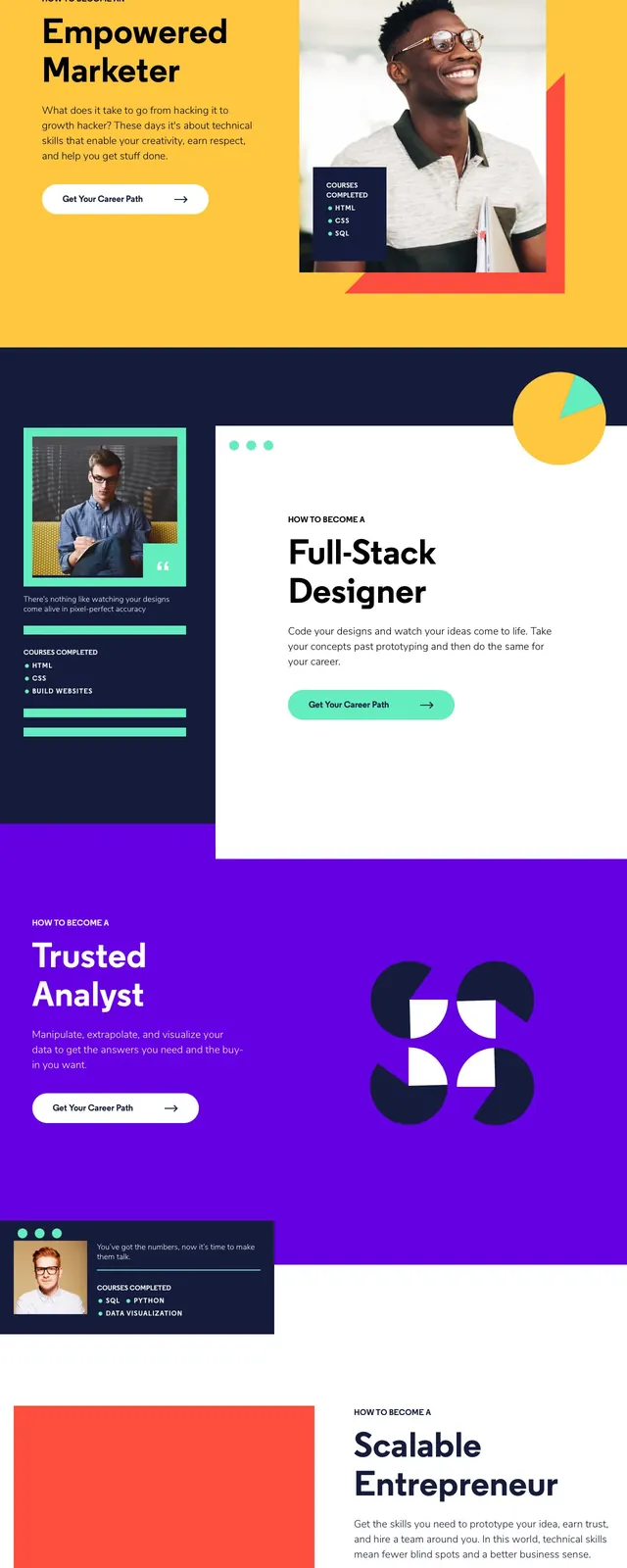 Codecademy skill-up landing page, editorial, geometric, light