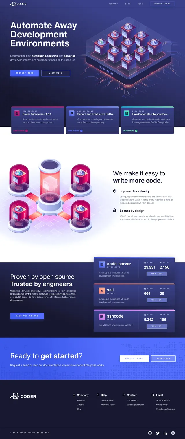 Coder Dev Environments Landing Page, dark-mode, gradient-heavy, dark