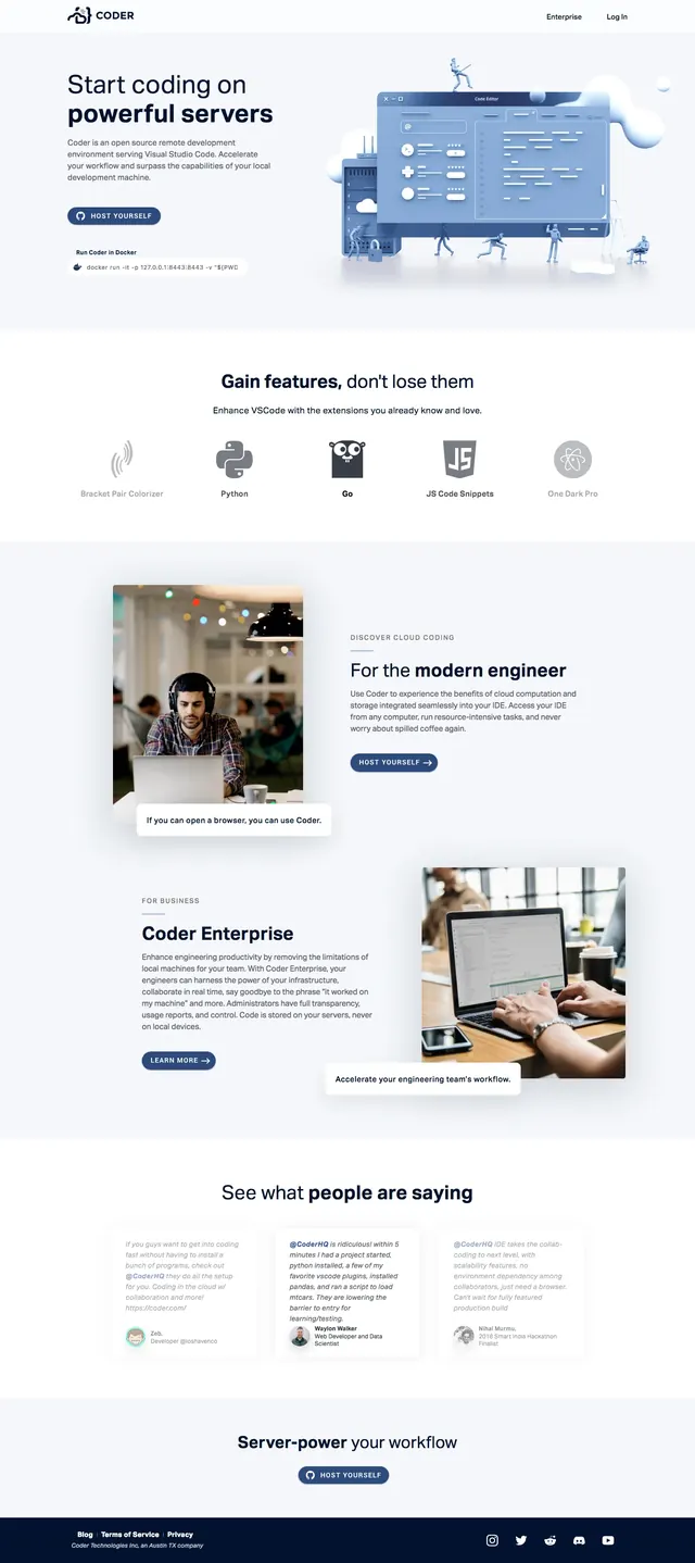 Coder landing page, light-mode, corporate-clean, light