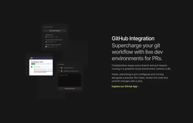 CodeSandbox GitHub integration feature, dark-mode, minimal, dark