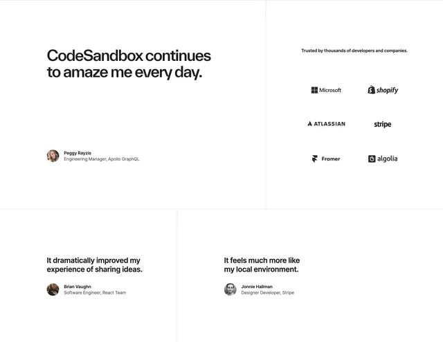 CodeSandbox testimonial and logo grid, light-mode, minimal, light