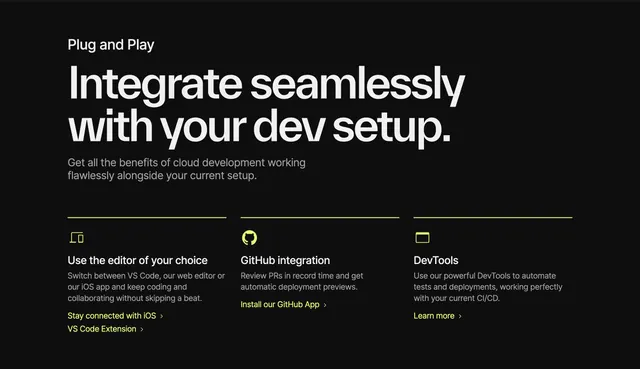 CodeSandbox plug and play integrations, dark-mode, minimal, dark