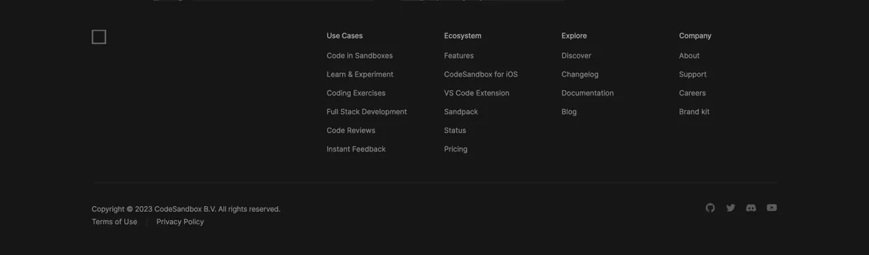 CodeSandbox multi-column footer, dark-mode, minimal, dark