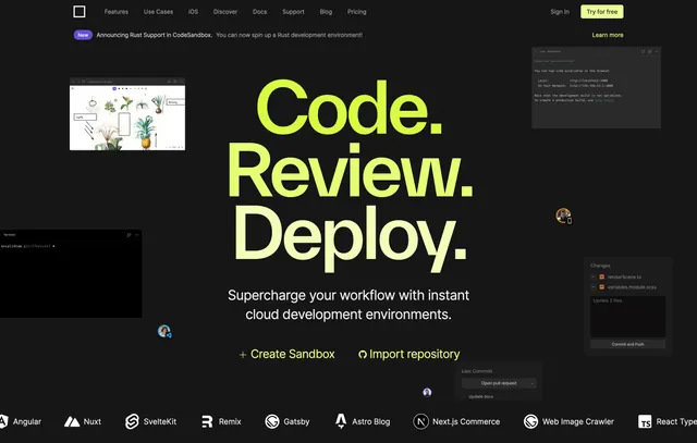 CodeSandbox home hero with workflow UI, dark-mode, minimal, dark