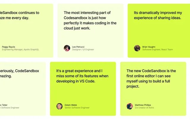 CodeSandbox lime testimonial card grid, light-mode, minimal, light