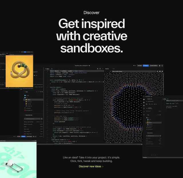 CodeSandbox creative sandboxes discover hero, dark-mode, minimal, dark
