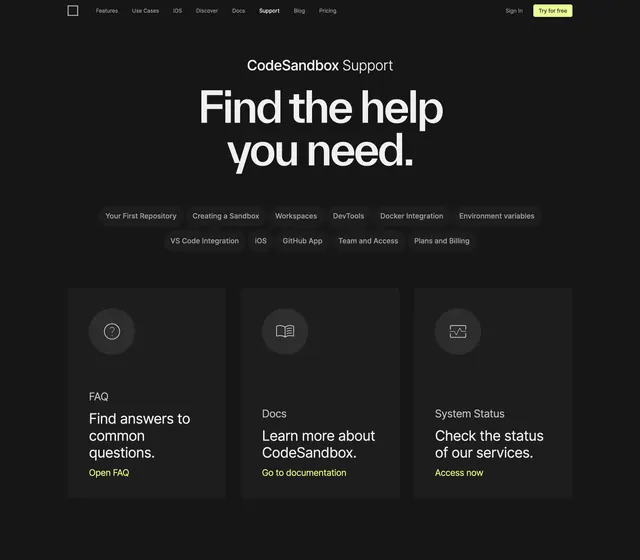 CodeSandbox support hub hero, dark-mode, minimal, dark