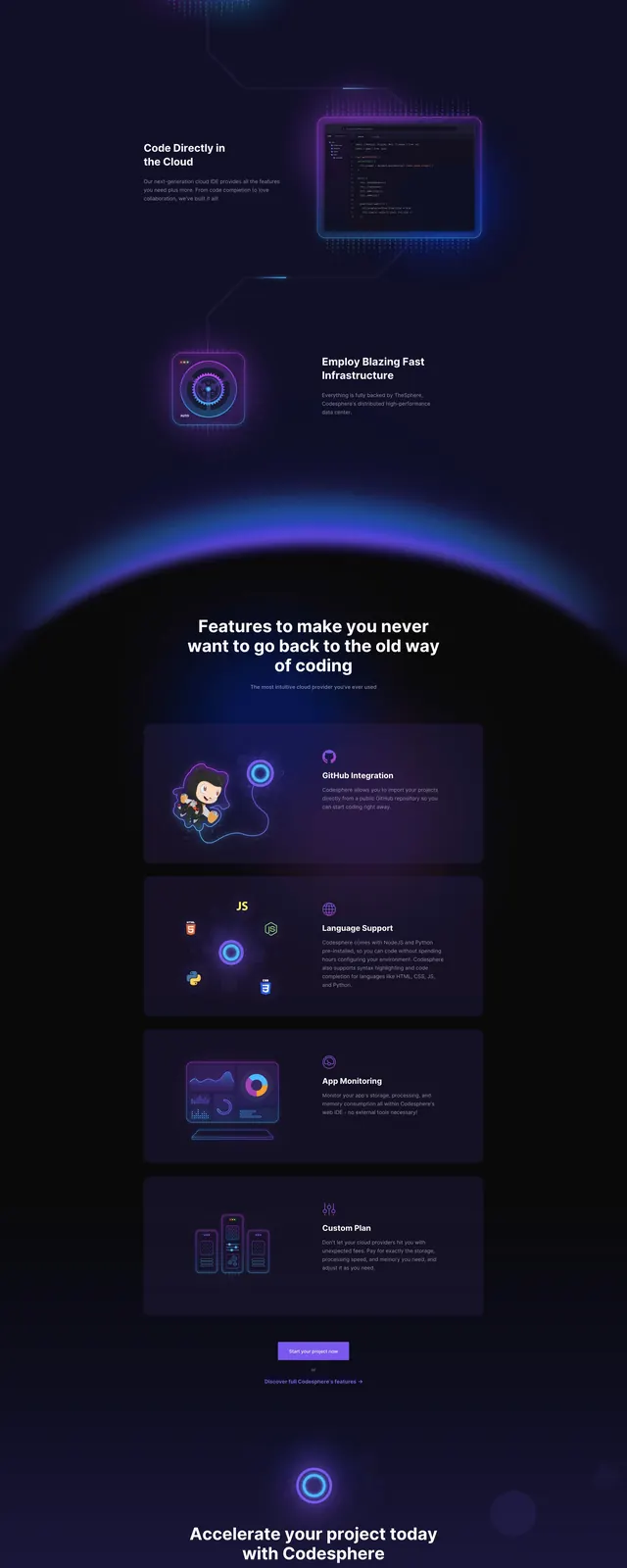 Codesphere Neon Cloud Landing Page, dark-mode, gradient-heavy, dark
