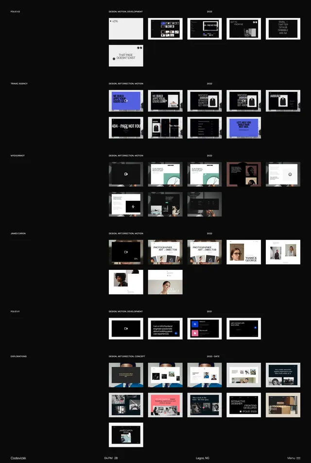 Dark portfolio gallery grid, minimal, editorial, dark