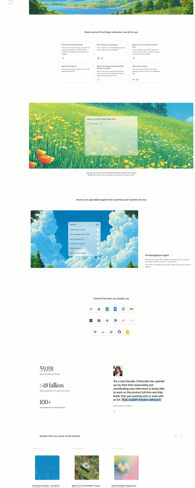 Cofounder illustrated SaaS landing page, editorial, minimal, light