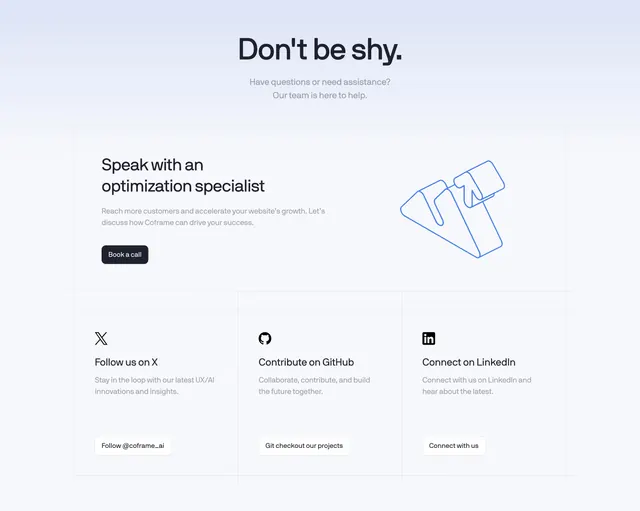 Coframe contact section with line-art hand, light-mode, minimal, light