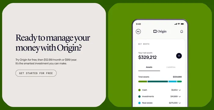 Origin two-panel CTA with serif headline and app shot, light-mode, editorial, light