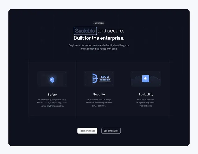 Coframe dark enterprise feature trio in design-canvas frame, dark-mode, minimal, dark