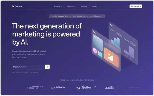Coframe purple AI hero with isometric dashboards, dark-mode, gradient-heavy, dark