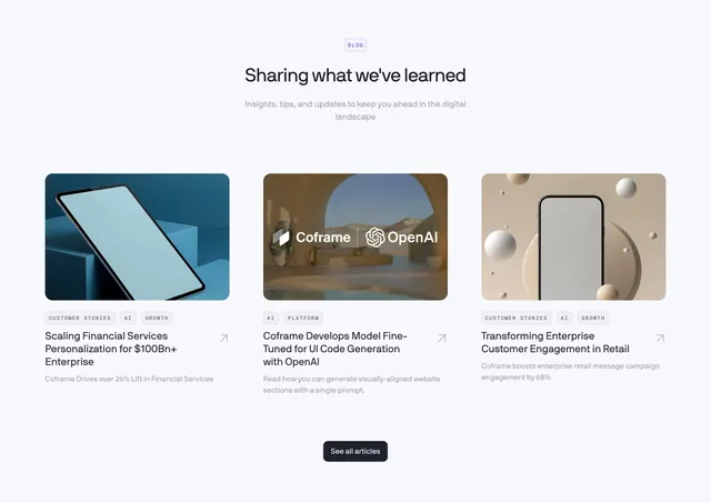 Coframe blog/resources 3-column card grid, light-mode, minimal, light